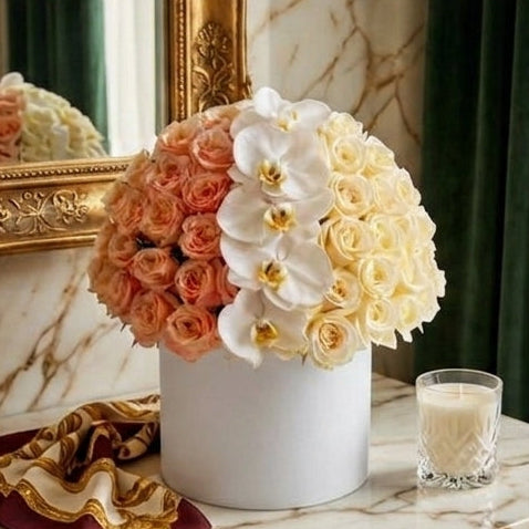 50 Roses on a box - White and orange roses with orchids