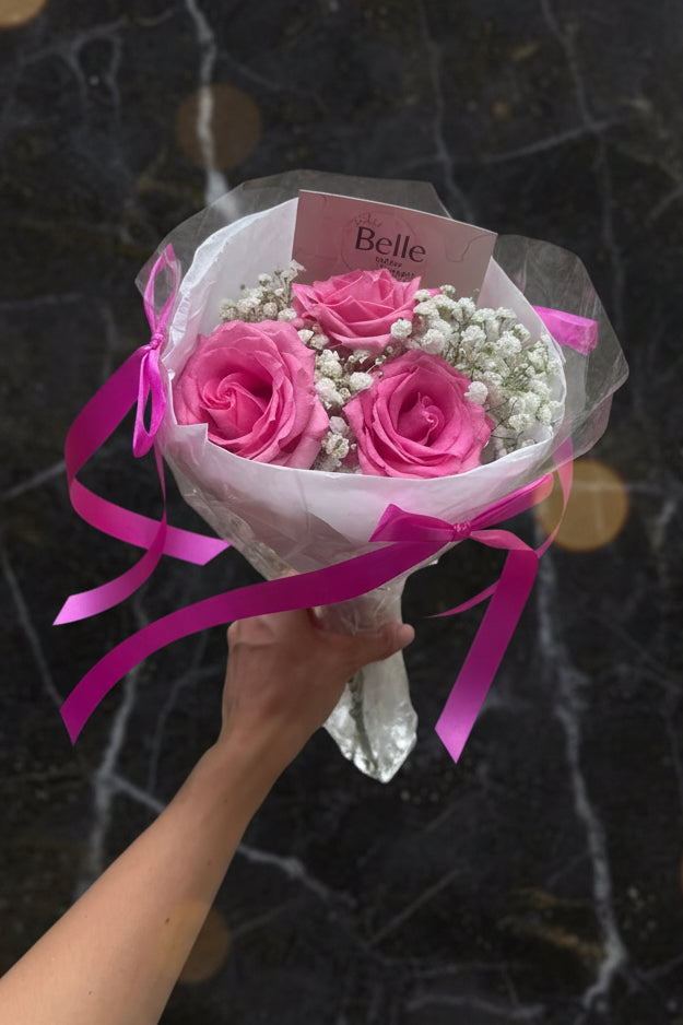 3 Rose Hand-Tied Pink Bouquet with Baby's Breath - Elegant Gift Wrap