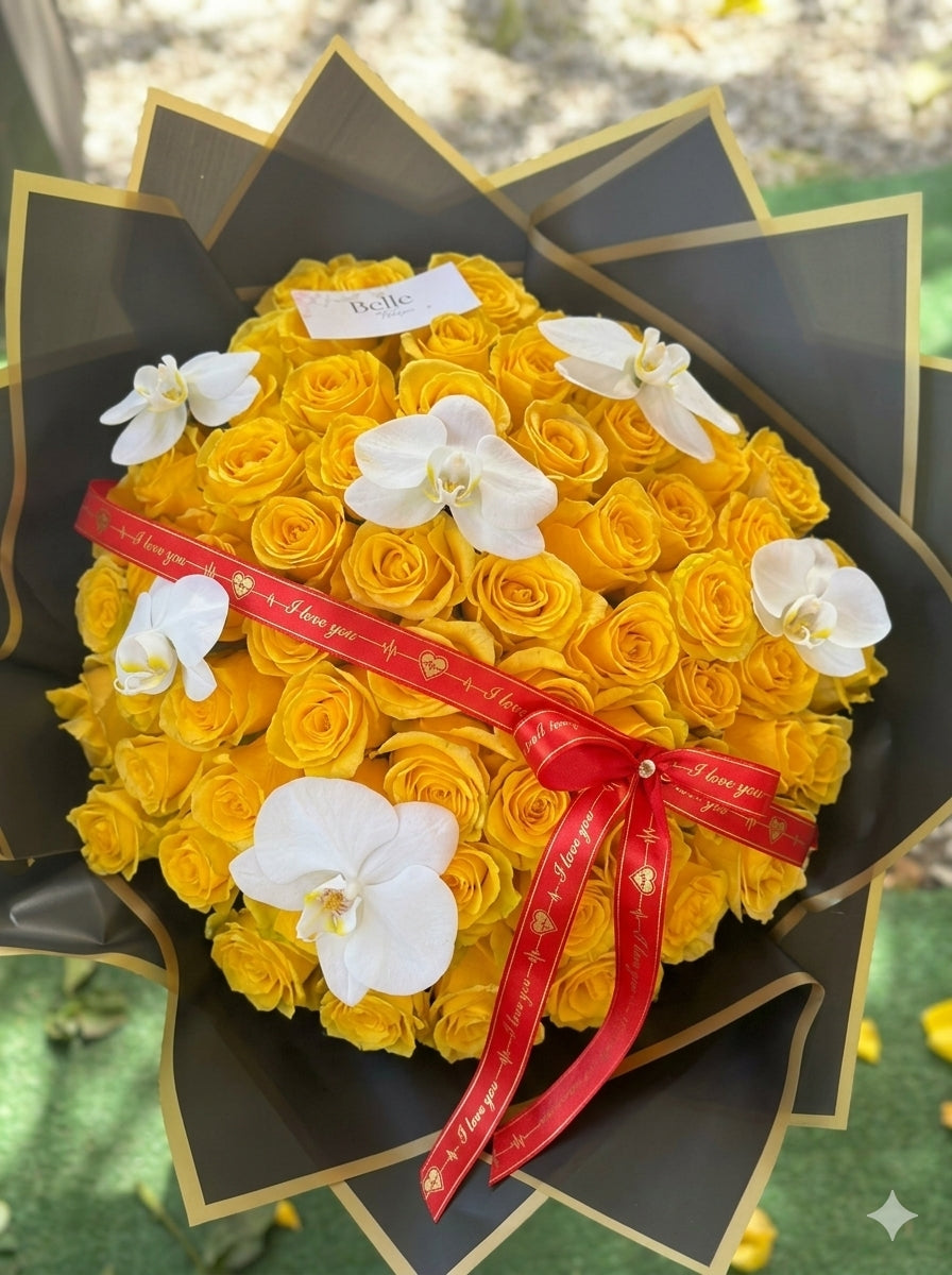 Wrap 100 Yellow roses with orchids