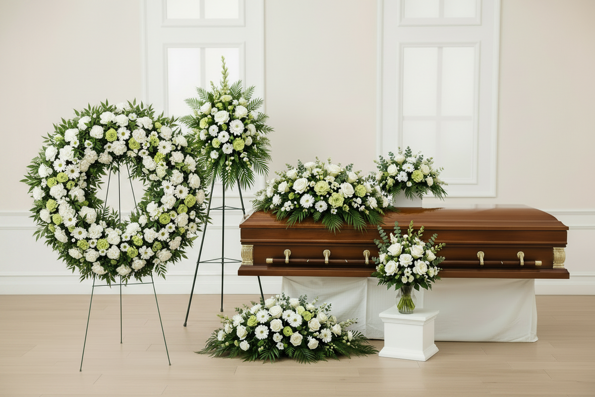 Elegant white and green funeral package
