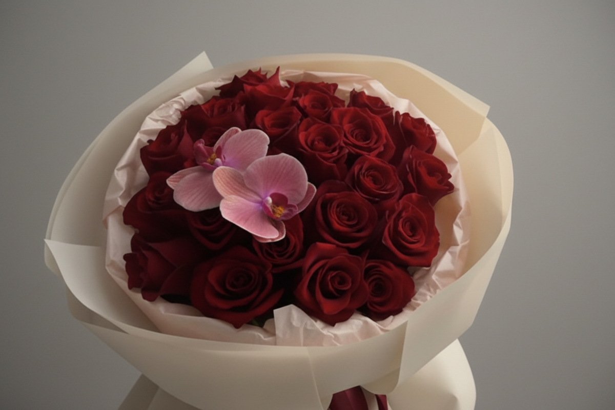 25 wrap roses with orchids