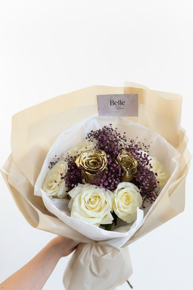 Golden Royalty Wrap - White roses and purple baby breath