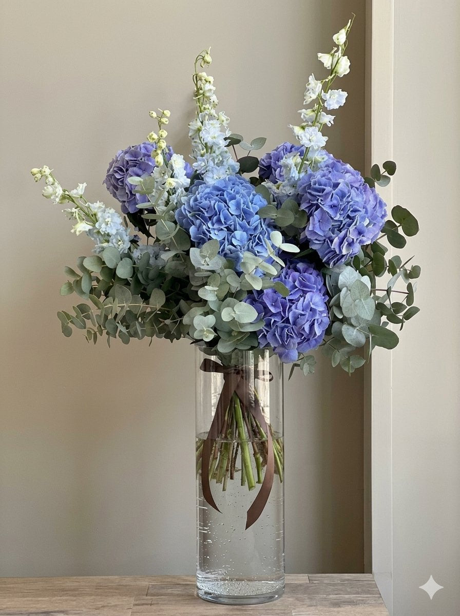 Hydrangea & Delphinium Elegance on vase