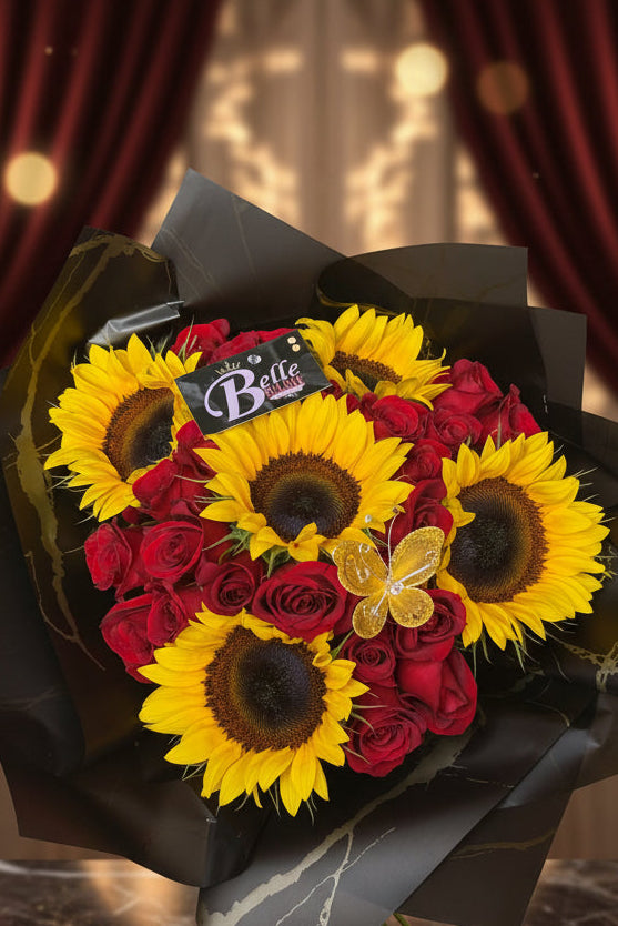 Golden Statement - 25 Roses, 5 sunflowers