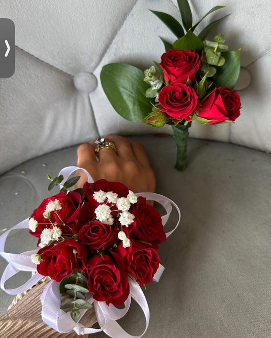 red corsage and boutonniere