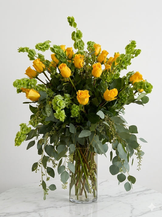25 Yellow Roses, greenery on vase