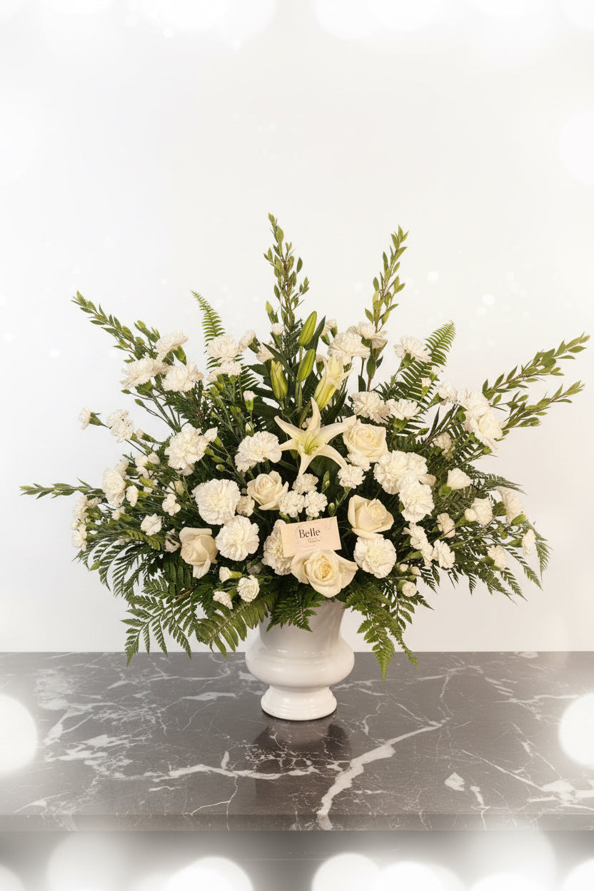 Mary - Large White Carnations, Roses, and Lilies