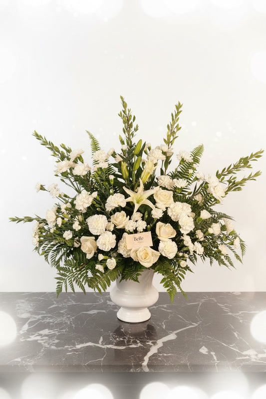 Mary - Large White Carnations, Roses, and Lilies