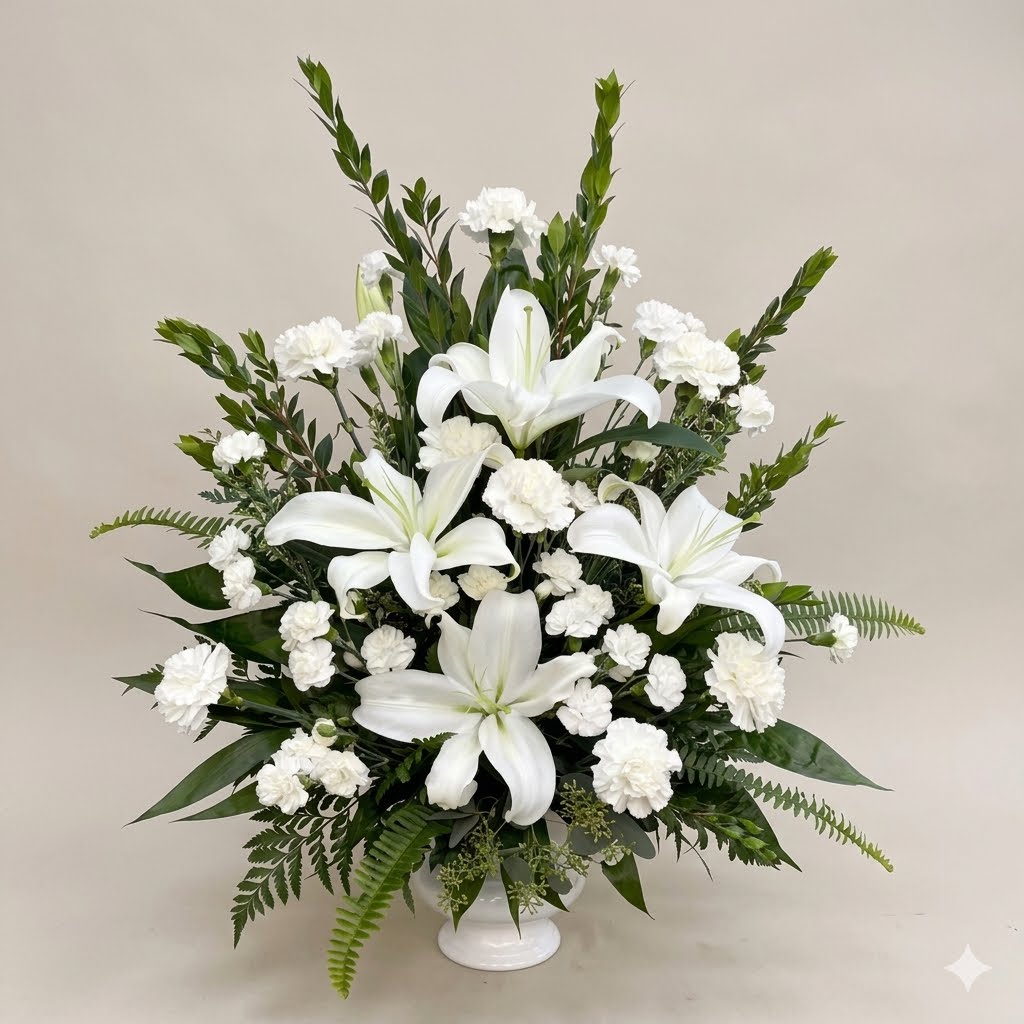 Classic White Lily and Carnation Floral Arrangement on vase