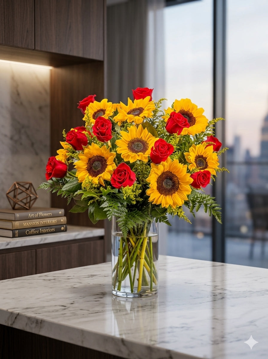 Sunflowers and roses on vase