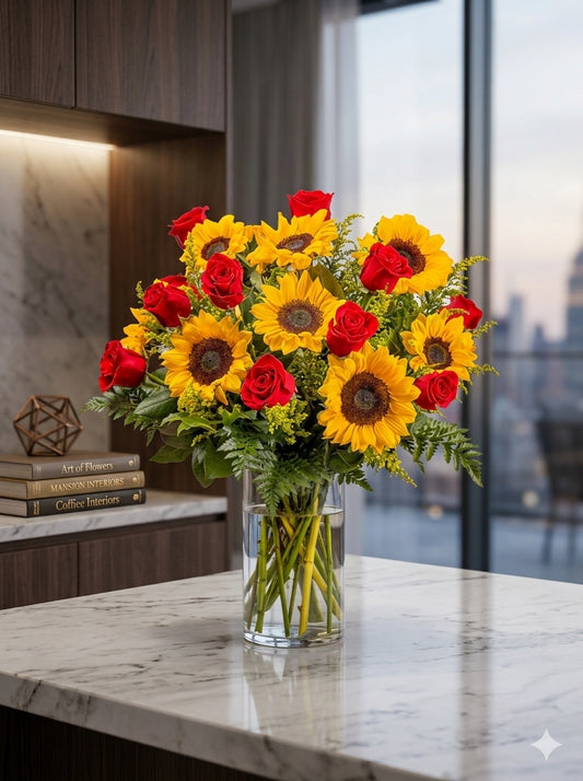Sunflowers and roses on vase