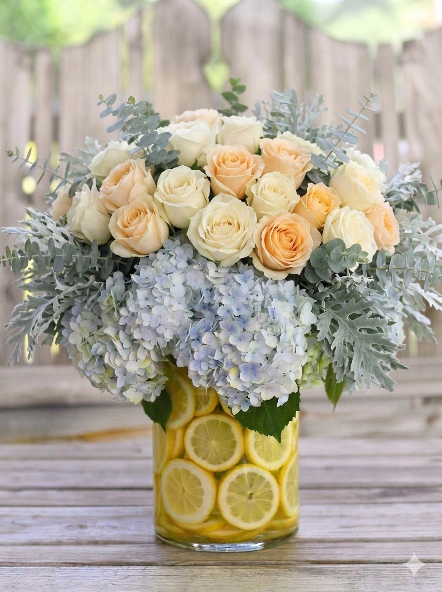 Classic White Rose and Blue Hydrangea Lemon Vase Arrangement