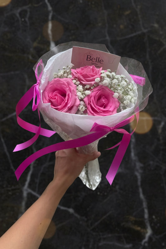 3 Rose Hand-Tied Pink Bouquet with Baby's Breath - Elegant Gift Wrap