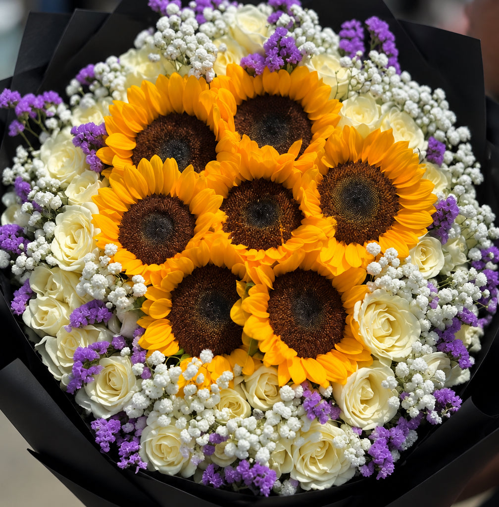 Rosas blancas, girasoles y rellenos de colores - Wrap