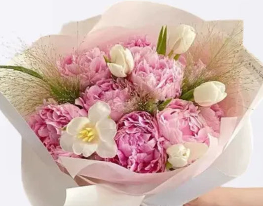 Peonis and tulips wrap bouquet