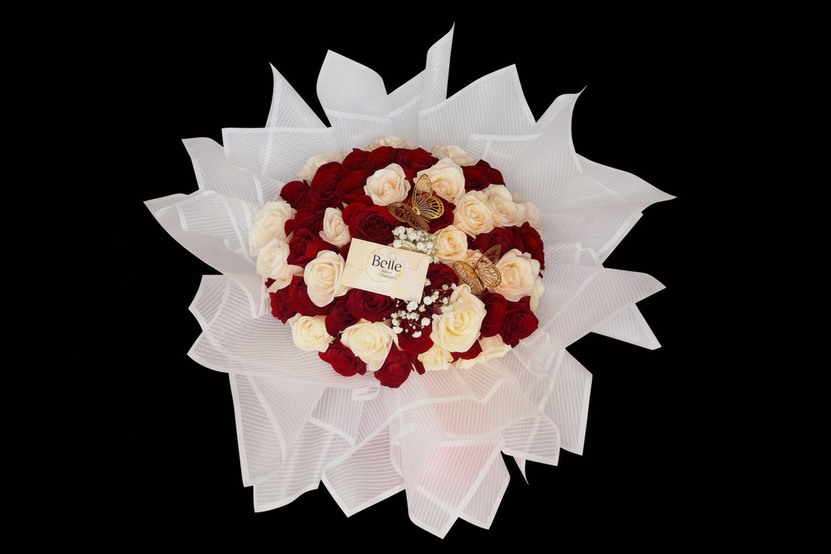 50 roses white and red -