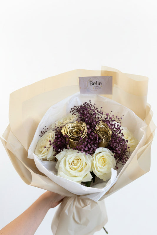 Golden Royalty Wrap - White roses and purple baby breath