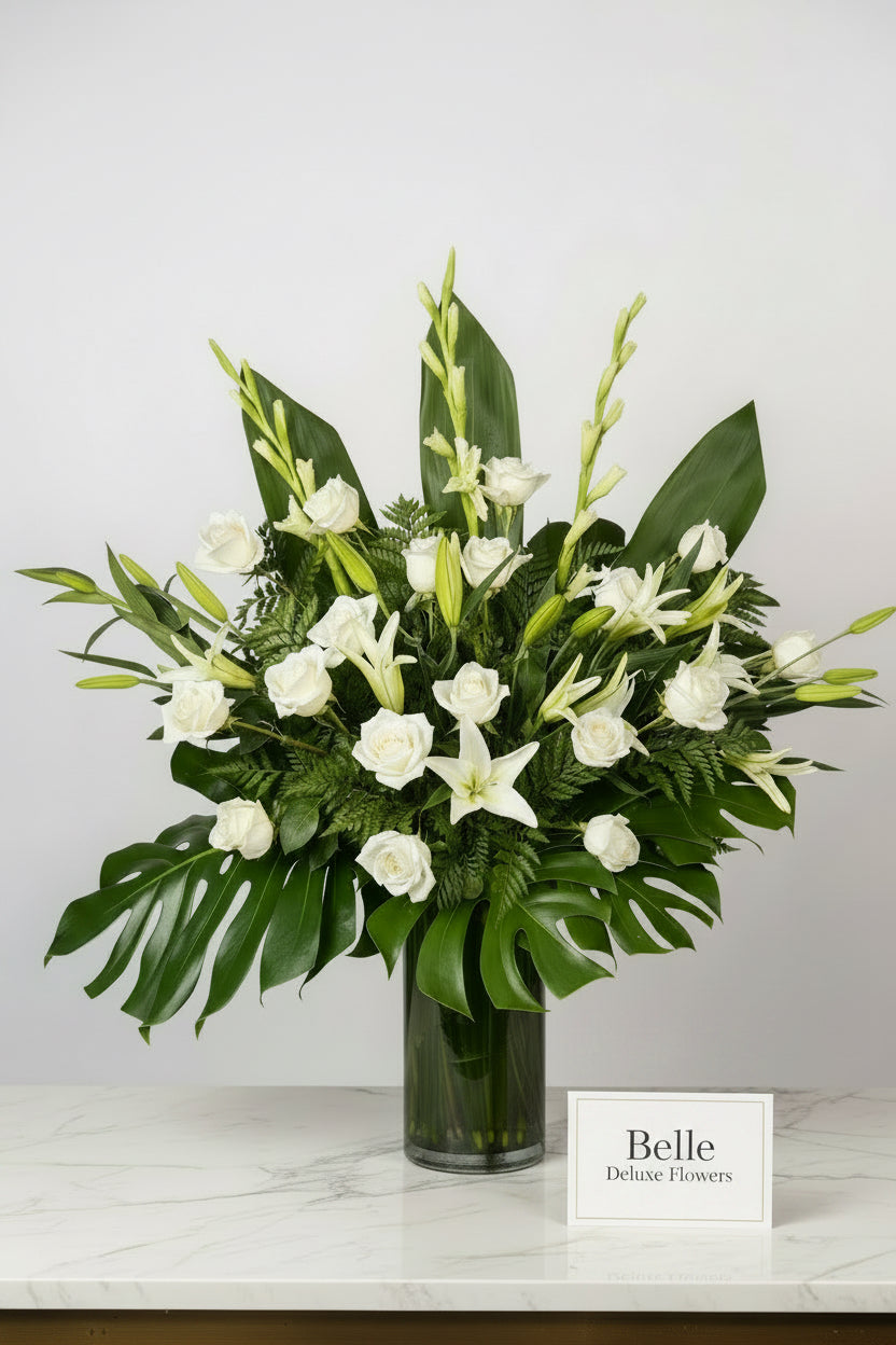 Grand White Rose & Lily Altar on vase