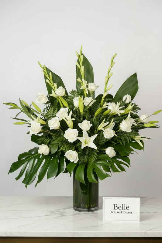 Grand White Rose & Lily Altar on vase
