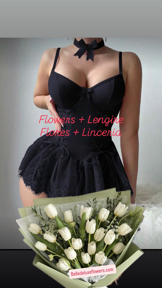 Meteor Babydoll with tulips bouquet