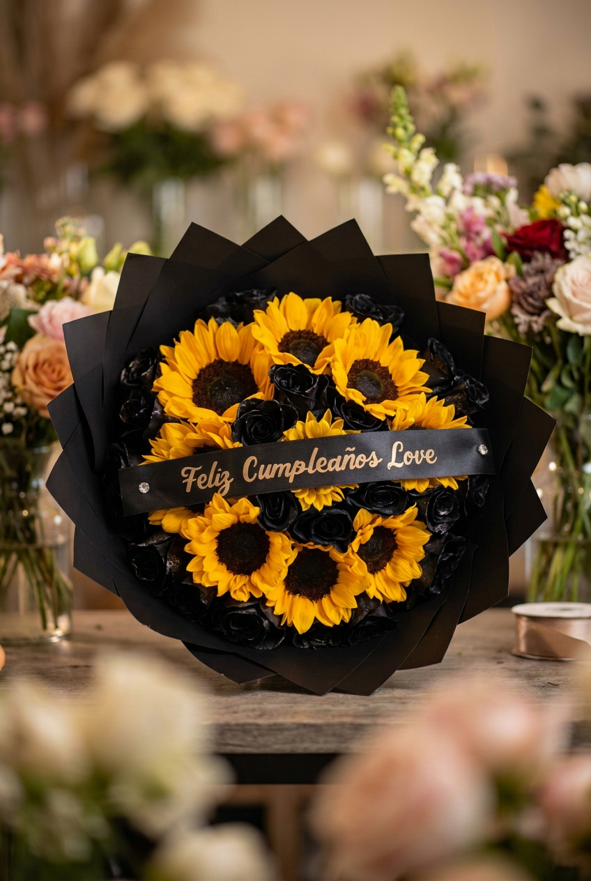 Wrap - Black roses and sunflowers